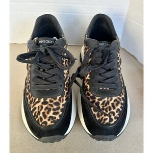 Jimmy Choo Low Cut Sneakers 40 1/2 Brown Black Leopard Gold Accent Shoes US 10.5
